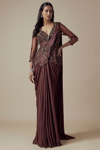 Brown Chiffon & Net Pre-Draped Saree Set by Sulakshana Monga