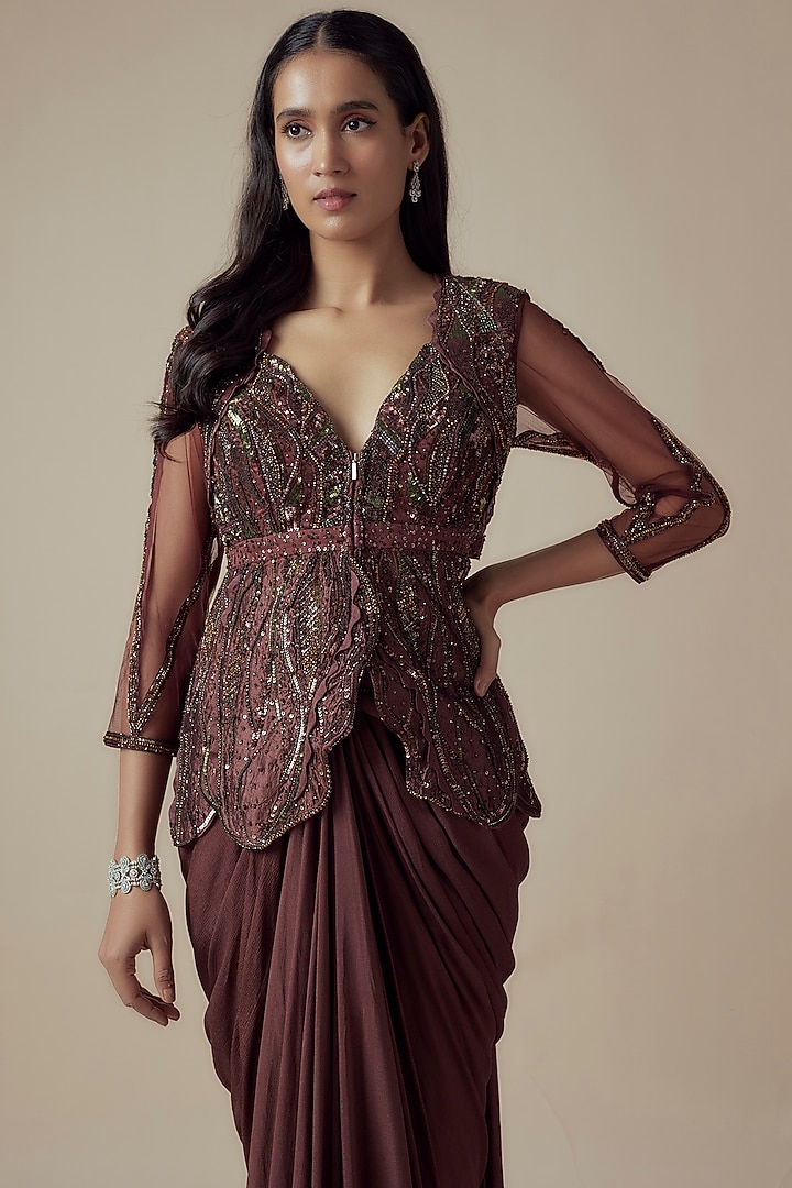 Brown Chiffon & Net Pre-Draped Reception Saree Set by Sulakshana Monga at Pernia's Pop Up Shop