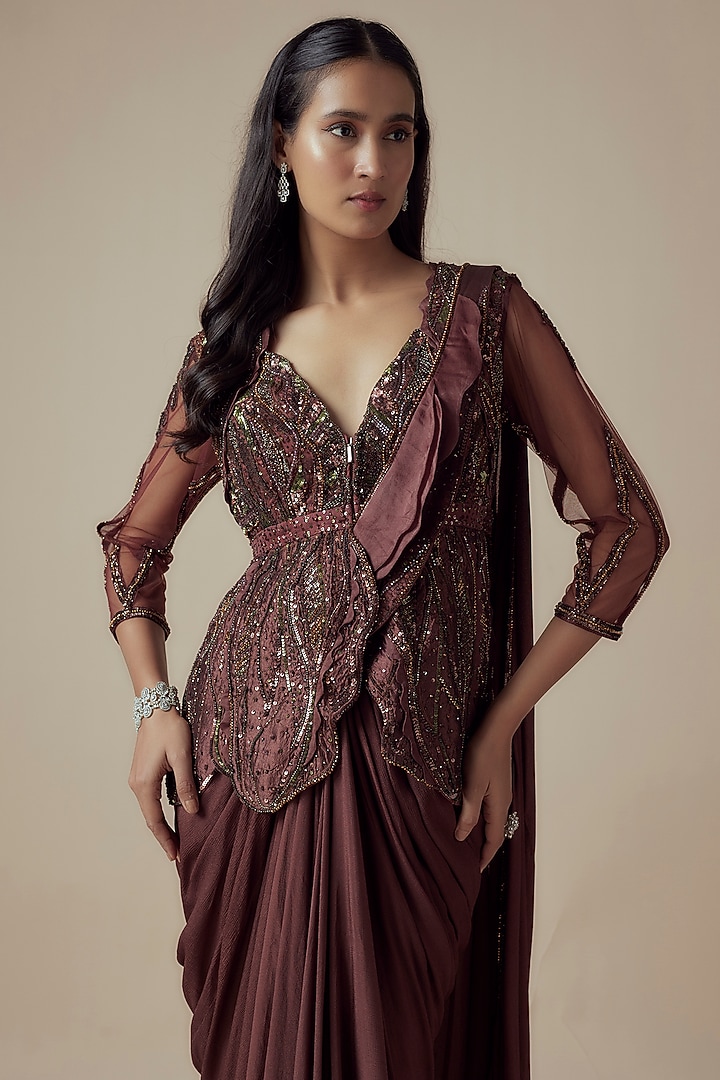 Brown Chiffon & Net Pre-Draped Reception Saree Set by Sulakshana Monga at Pernia's Pop Up Shop
