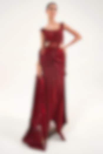 Red Satin & Organza Draped Reception Saree Set by Sulakshana Monga at Pernia's Pop Up Shop