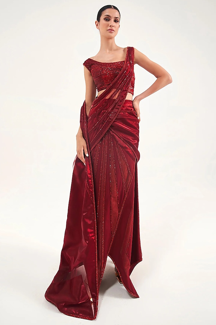 Red Satin & Organza Draped Reception Saree Set by Sulakshana Monga at Pernia's Pop Up Shop