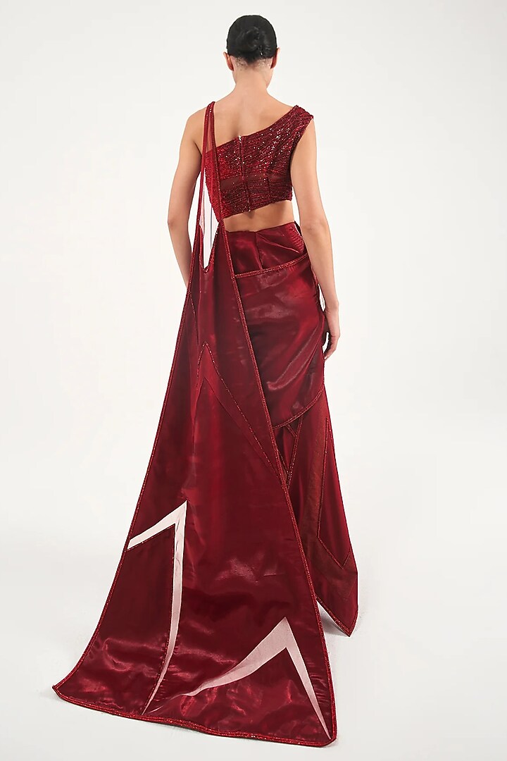 Red Satin & Organza Draped Reception Saree Set by Sulakshana Monga at Pernia's Pop Up Shop