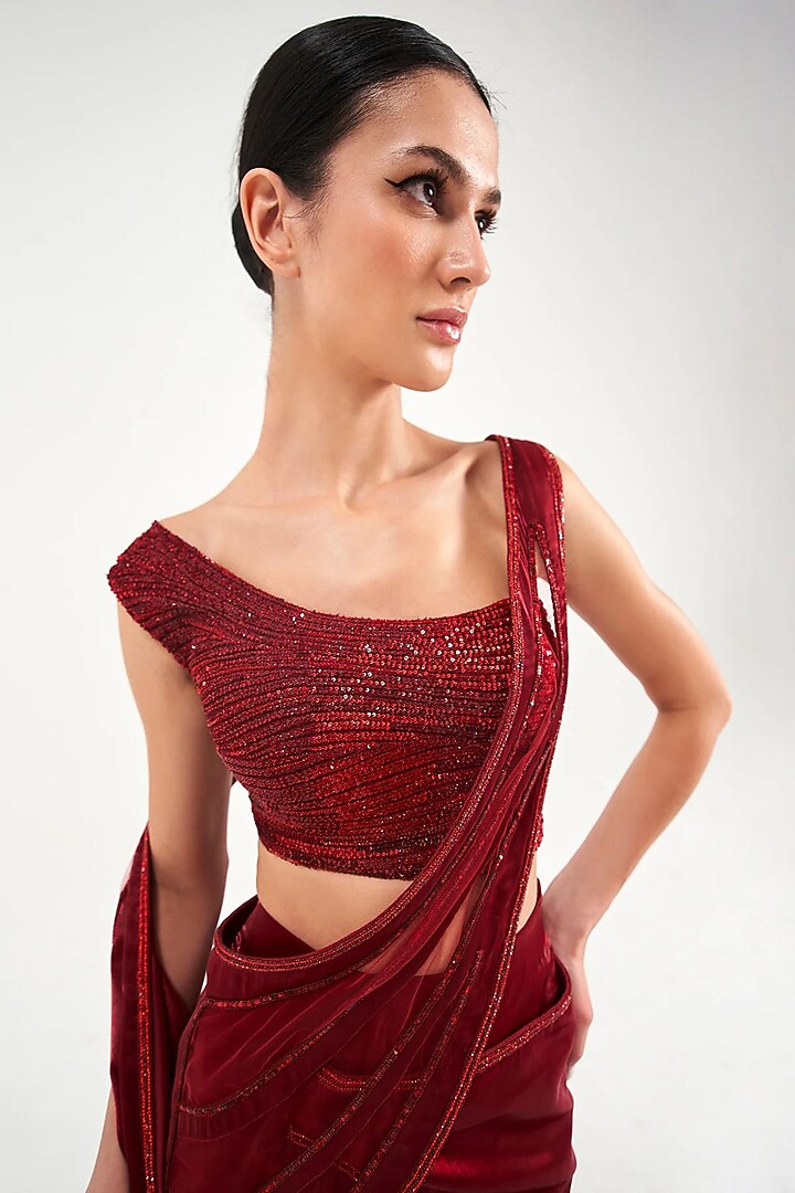 Red Satin & Organza Draped Reception Saree Set by Sulakshana Monga at Pernia's Pop Up Shop