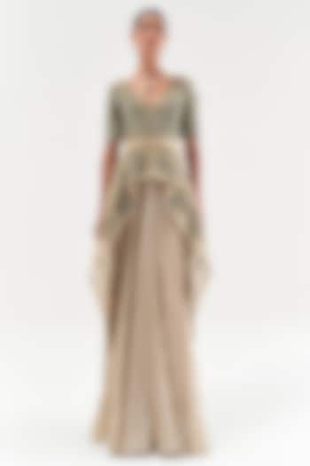 Gold Assam Silk & Satin Skirt Set by Sulakshana Monga at Pernia's Pop Up Shop