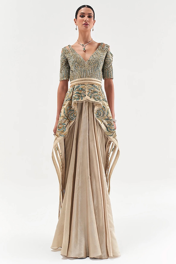 Gold Assam Silk & Satin Skirt Set by Sulakshana Monga at Pernia's Pop Up Shop