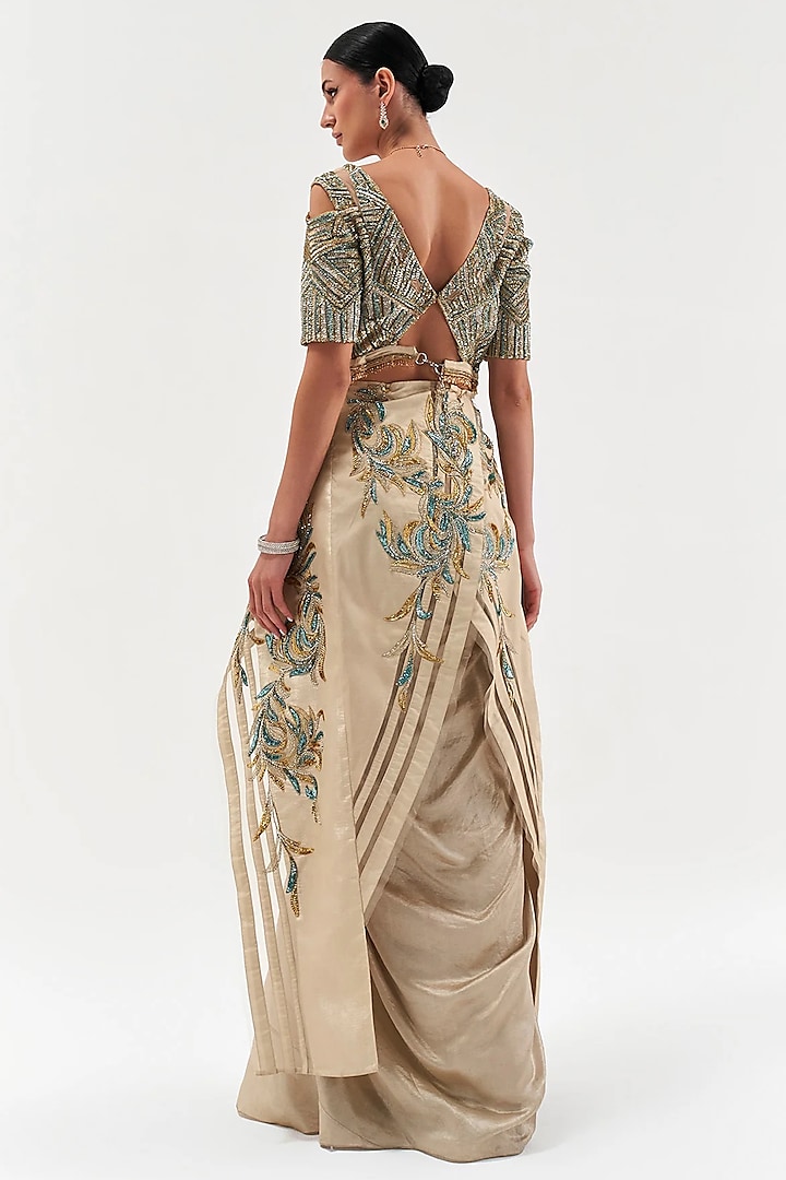 Gold Assam Silk & Satin Skirt Set by Sulakshana Monga at Pernia's Pop Up Shop