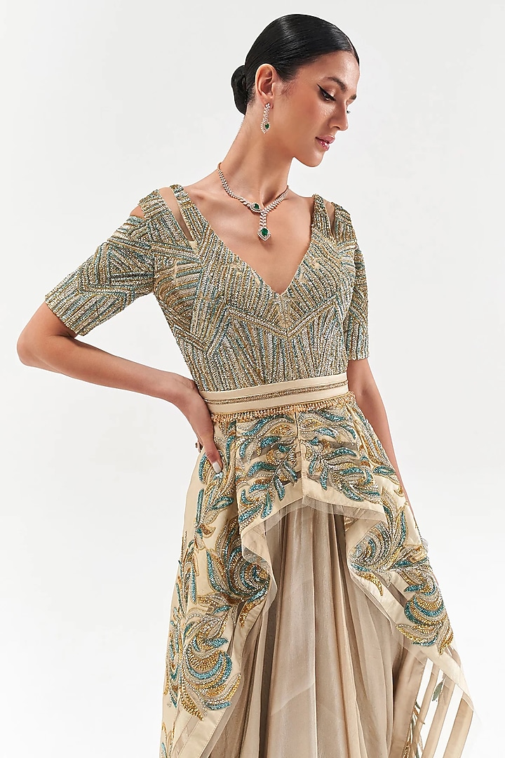 Gold Assam Silk & Satin Skirt Set by Sulakshana Monga at Pernia's Pop Up Shop