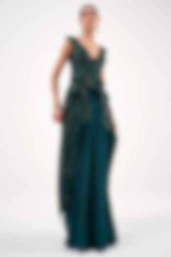 Emerald Green Assam Silk & Net Skirt Set by Sulakshana Monga at Pernia's Pop Up Shop