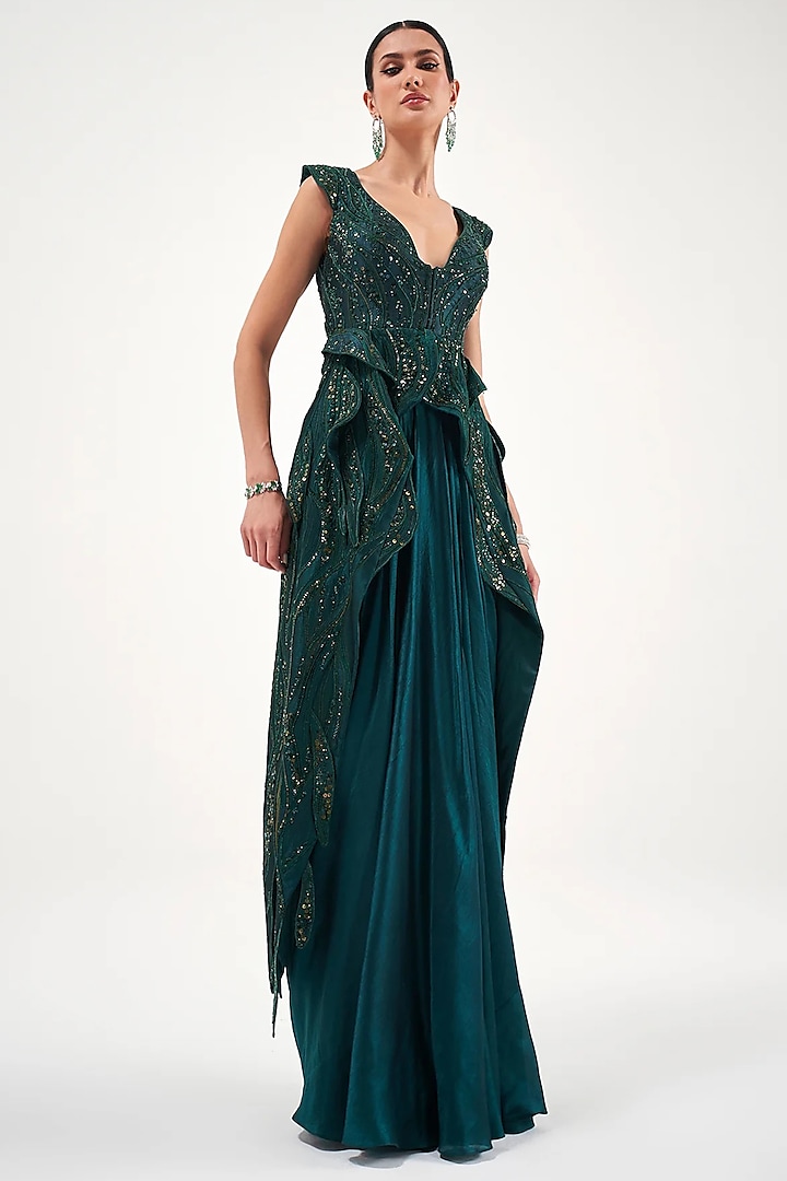Emerald Green Assam Silk & Net Skirt Set by Sulakshana Monga at Pernia's Pop Up Shop