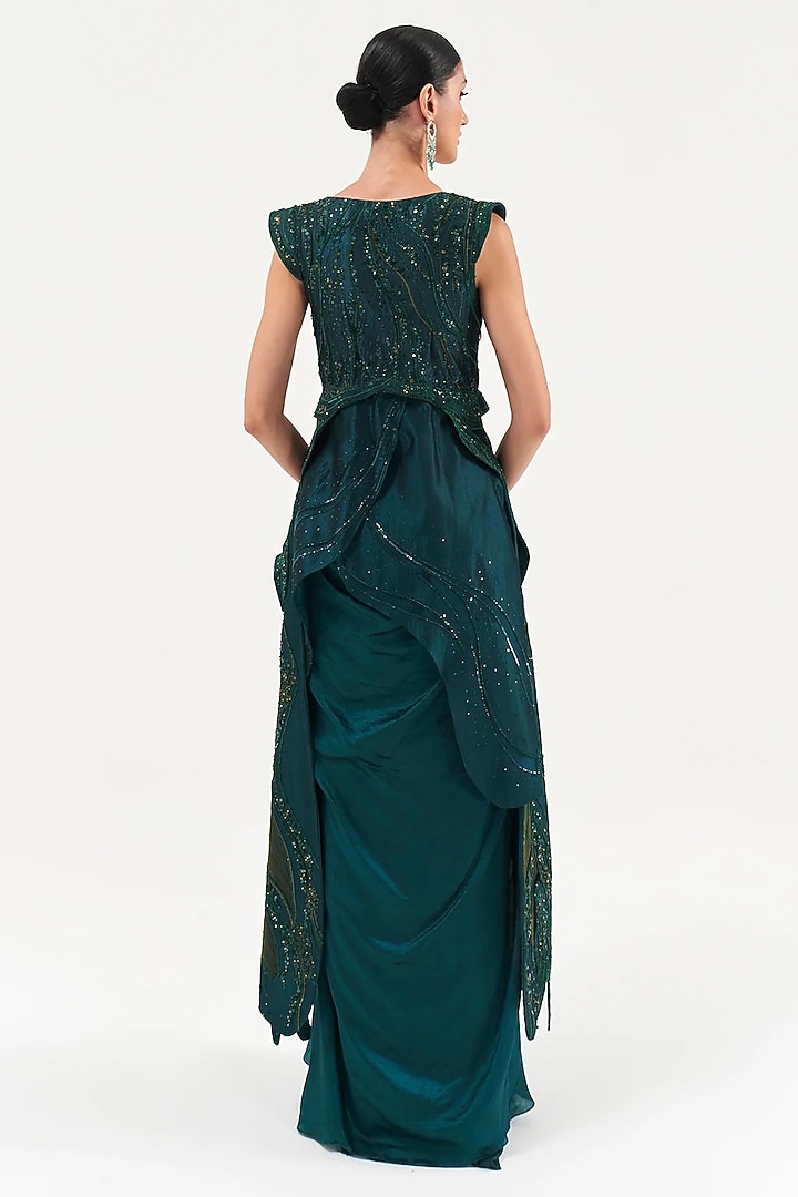Emerald Green Assam Silk & Net Skirt Set by Sulakshana Monga at Pernia's Pop Up Shop