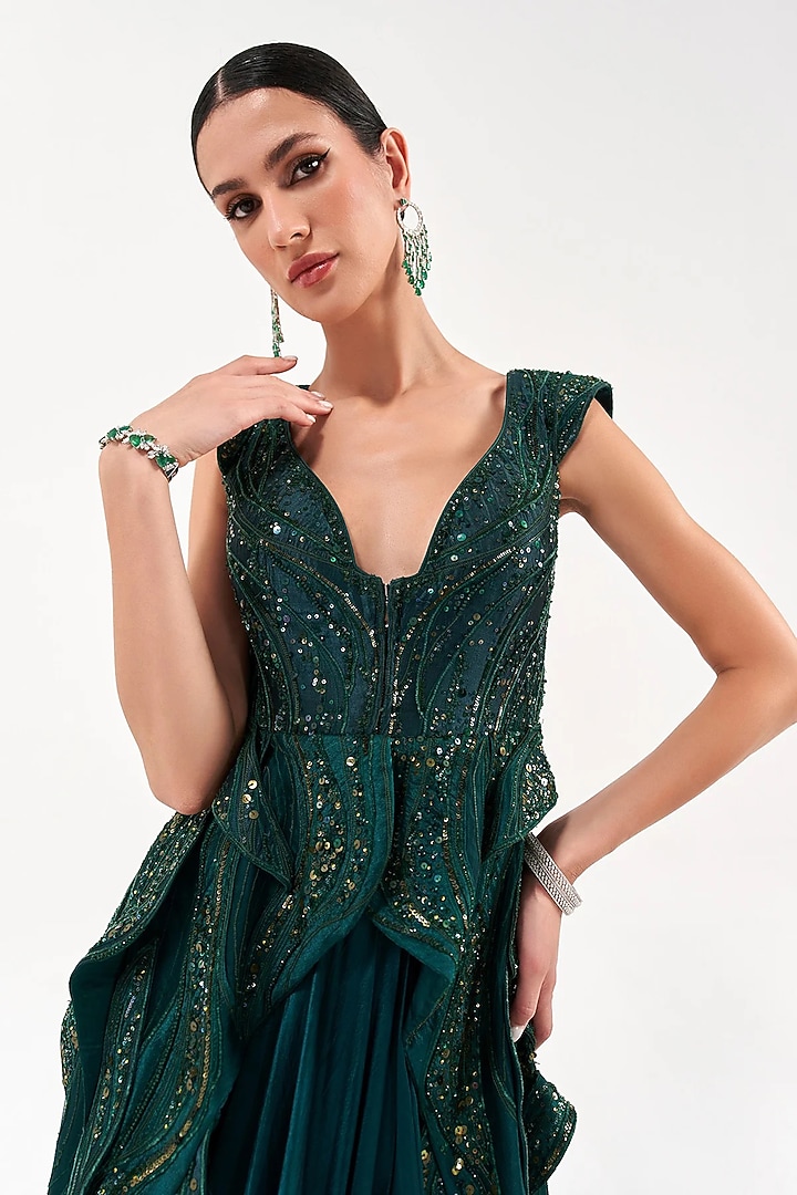 Emerald Green Assam Silk & Net Skirt Set by Sulakshana Monga at Pernia's Pop Up Shop