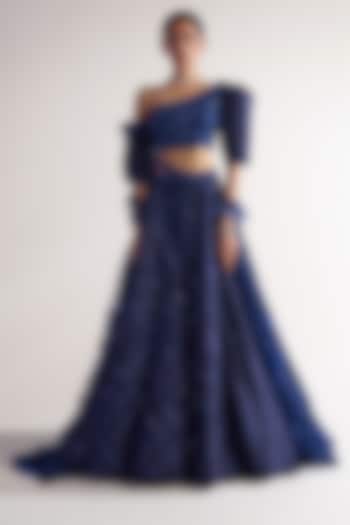 Midnight Blue Net & Assam Silk Bridal Lehenga Set by Sulakshana Monga at Pernia's Pop Up Shop