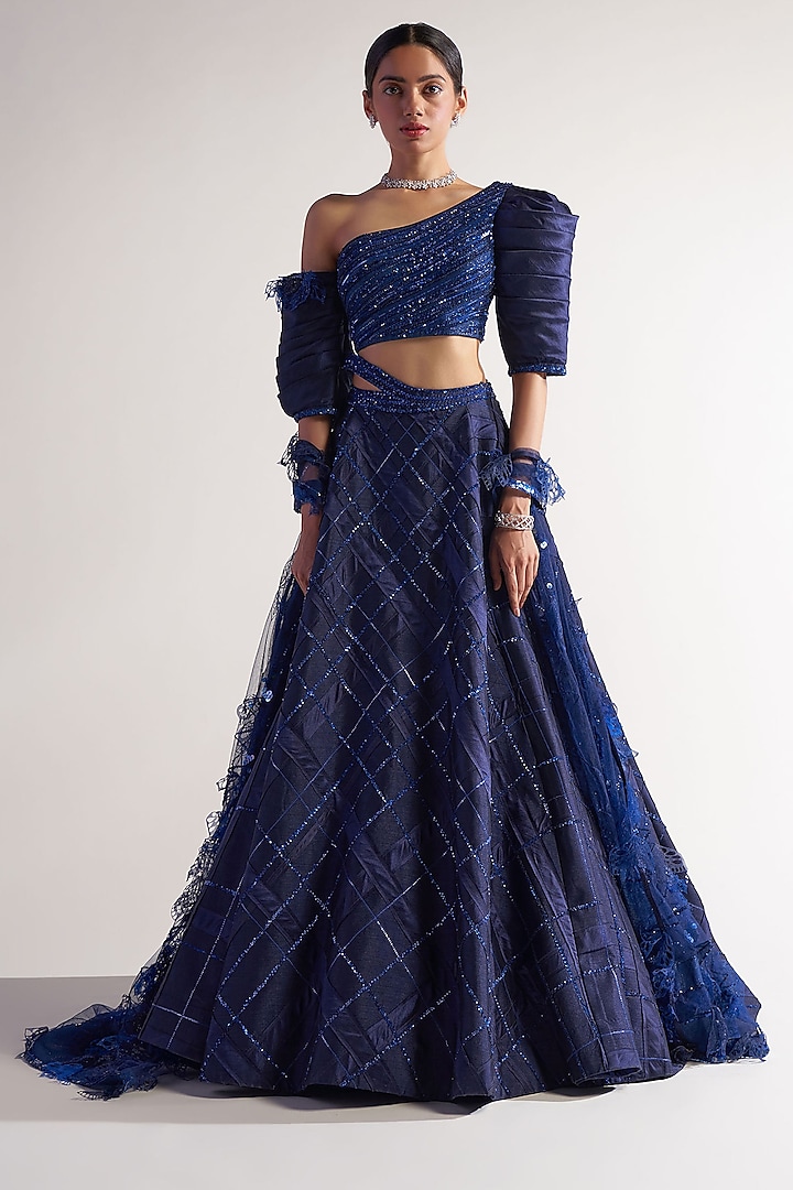 Midnight Blue Net & Assam Silk Bridal Lehenga Set by Sulakshana Monga at Pernia's Pop Up Shop