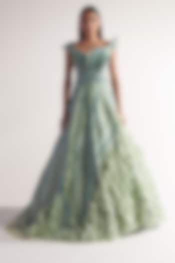 Lime Green Tulle Asymmetric Ruffled Gown by Sulakshana Monga