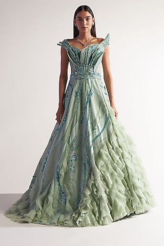 Lime Green Tulle Asymmetric Ruffled Gown by Sulakshana Monga