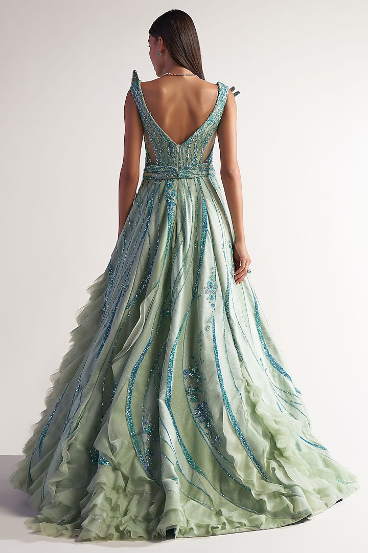 Lime Green Tulle Asymmetric Ruffled Bridal Gown by Sulakshana Monga at Pernia's Pop Up Shop