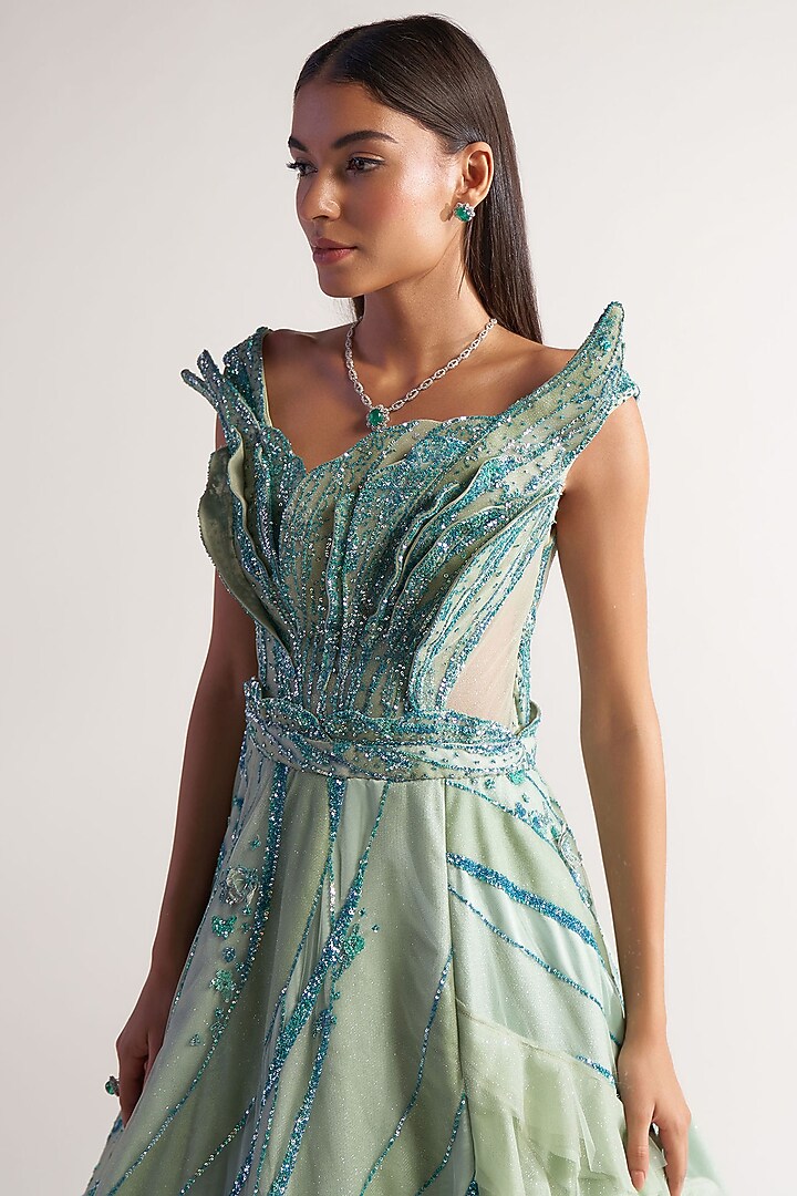 Lime Green Tulle Asymmetric Ruffled Bridal Gown by Sulakshana Monga at Pernia's Pop Up Shop