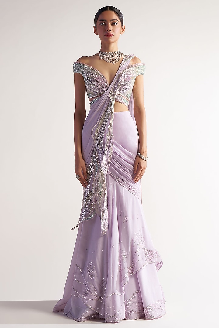 Lilac Net & Georgette Pre-Draped Saree Set by Sulakshana Monga at Pernia's Pop Up Shop