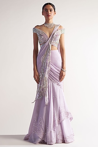 Lilac Net & Georgette Pre-Draped Saree Set by Sulakshana Monga
