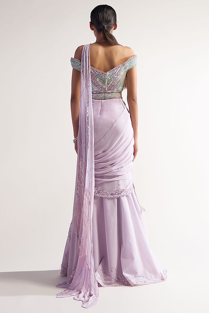 Lilac Net & Georgette Pre-Draped Reception Saree Set by Sulakshana Monga at Pernia's Pop Up Shop