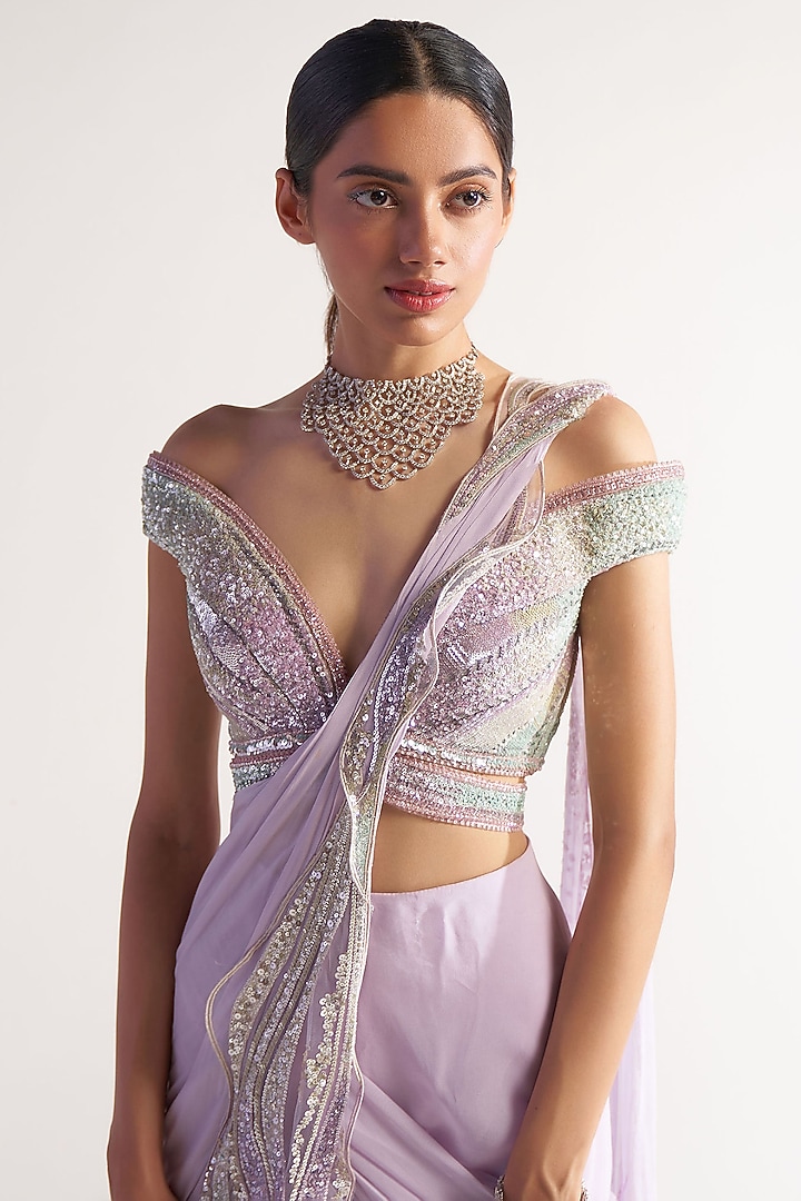 Lilac Net & Georgette Pre-Draped Reception Saree Set by Sulakshana Monga at Pernia's Pop Up Shop