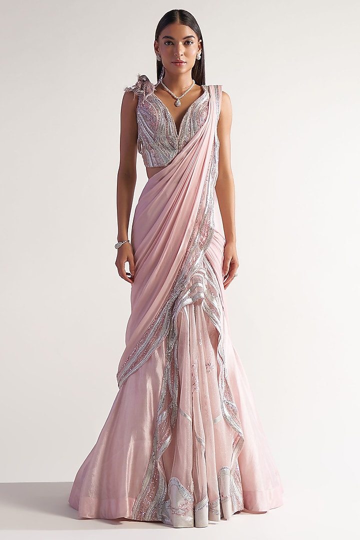 Soft Pink Net & Assam Silk Draped Saree Set by Sulakshana Monga at Pernia's Pop Up Shop