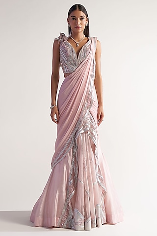 Soft Pink Net & Assam Silk Draped Saree Set by Sulakshana Monga