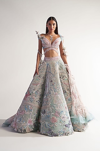 Ivory Net Embroidered Lehenga Set by Sulakshana Monga Couture