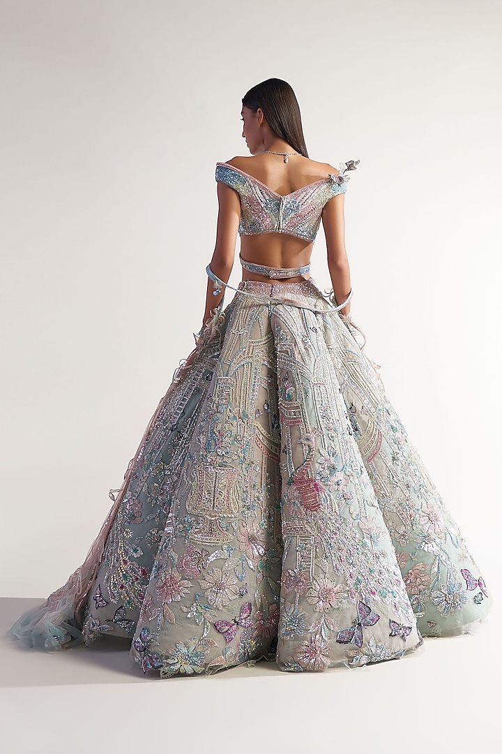 Ivory Net Embroidered Bridal Lehenga Set by Sulakshana Monga Couture at Pernia's Pop Up Shop