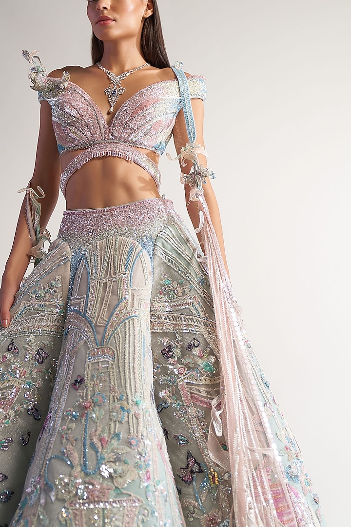 Ivory Net Embroidered Bridal Lehenga Set by Sulakshana Monga Couture at Pernia's Pop Up Shop