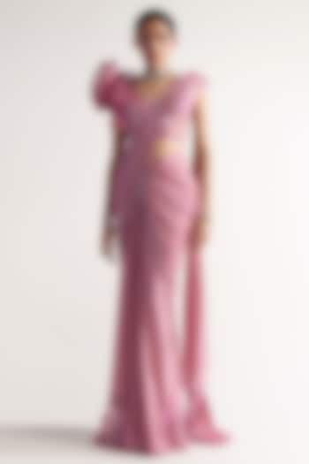 Onion Pink Net & Chiffon Draped Saree Set by Sulakshana Monga at Pernia's Pop Up Shop