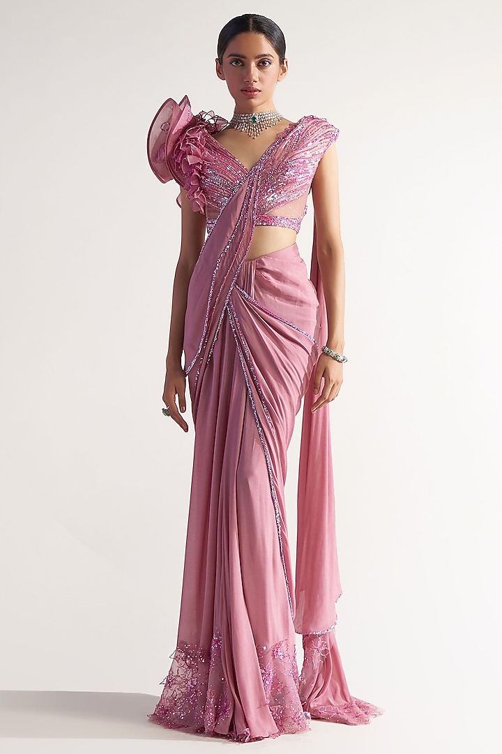 Onion Pink Net & Chiffon Draped Saree Set by Sulakshana Monga at Pernia's Pop Up Shop