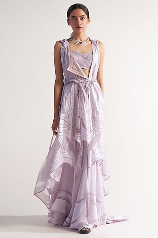 Lilac Net & Assam Silk Embellished Cape Set by Sulakshana Monga