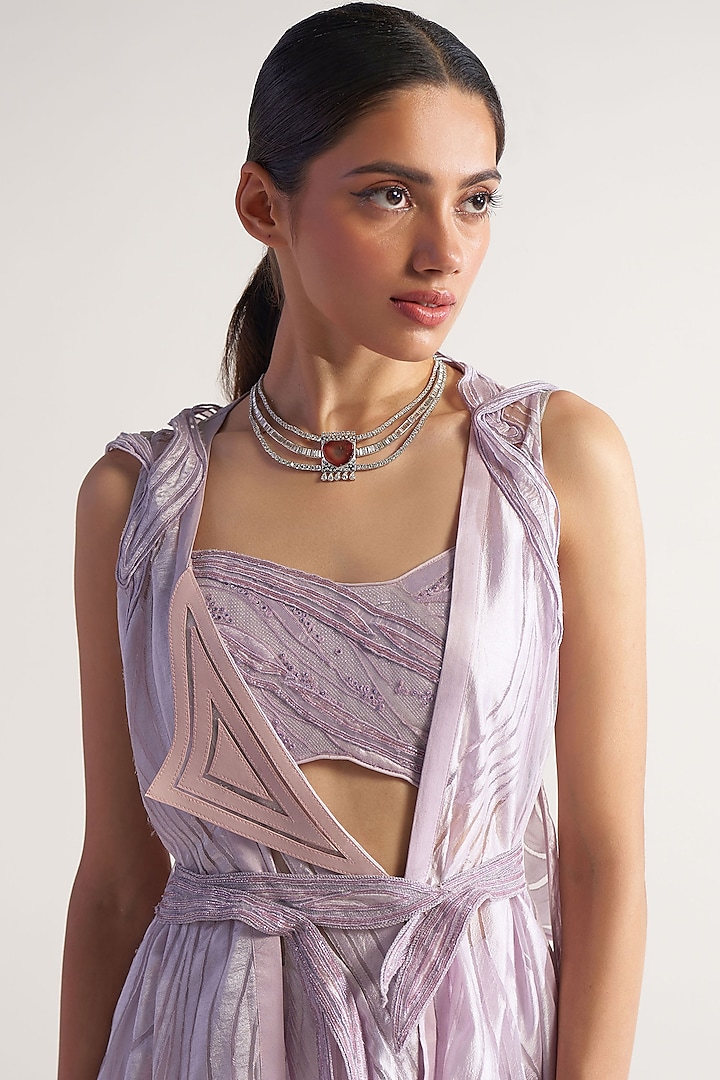 Lilac Net & Assam Silk Embellished Cape Set by Sulakshana Monga at Pernia's Pop Up Shop