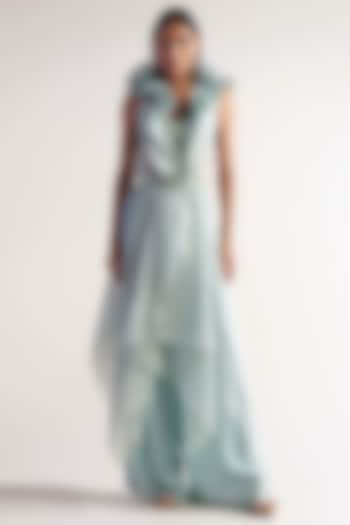 Sea Green French Organza & Net Ruffled Cape Set by Sulakshana Monga at Pernia's Pop Up Shop