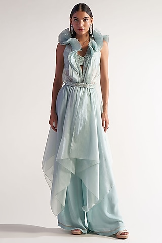 Sea Green French Organza & Net Ruffled Cape Set by Sulakshana Monga