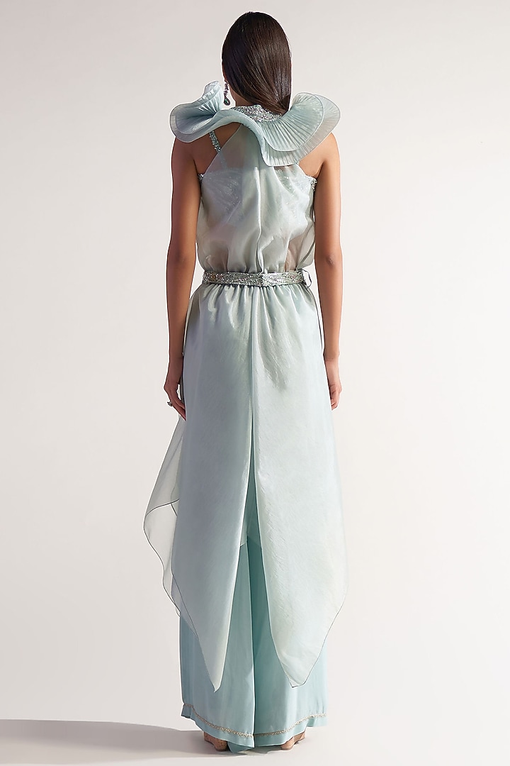 Sea Green French Organza & Net Ruffled Cape Set by Sulakshana Monga at Pernia's Pop Up Shop