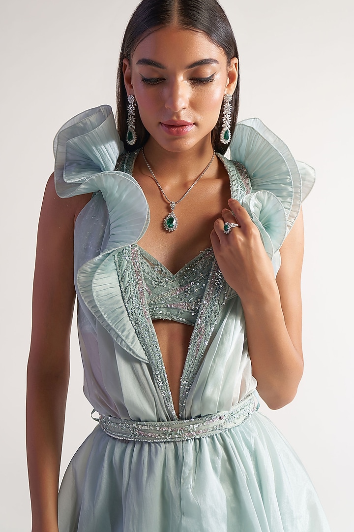 Sea Green French Organza & Net Ruffled Cape Set by Sulakshana Monga at Pernia's Pop Up Shop