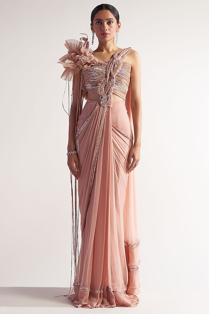 Peach Net & Chiffon Draped Saree Set by Sulakshana Monga at Pernia's Pop Up Shop