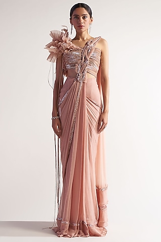 Peach Net & Chiffon Draped Saree Set by Sulakshana Monga