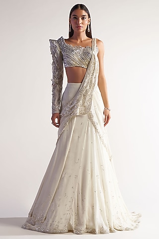 Ivory Net & Georgette Draped Saree Set by Sulakshana Monga
