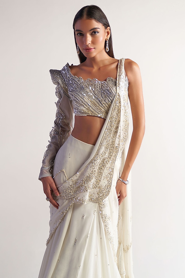 Ivory Net & Georgette Draped Reception Saree Set by Sulakshana Monga at Pernia's Pop Up Shop