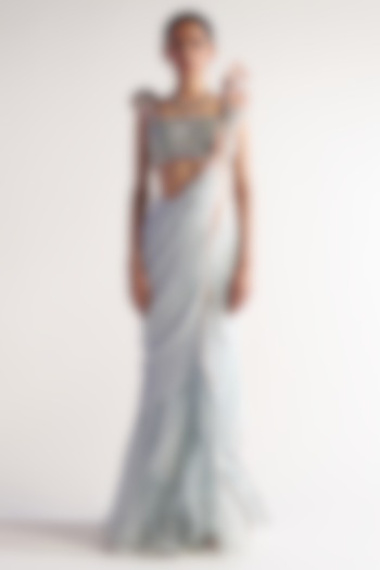 Ice Blue Net & Georgette Pre-Pleated Reception Saree Set by Sulakshana Monga at Pernia's Pop Up Shop