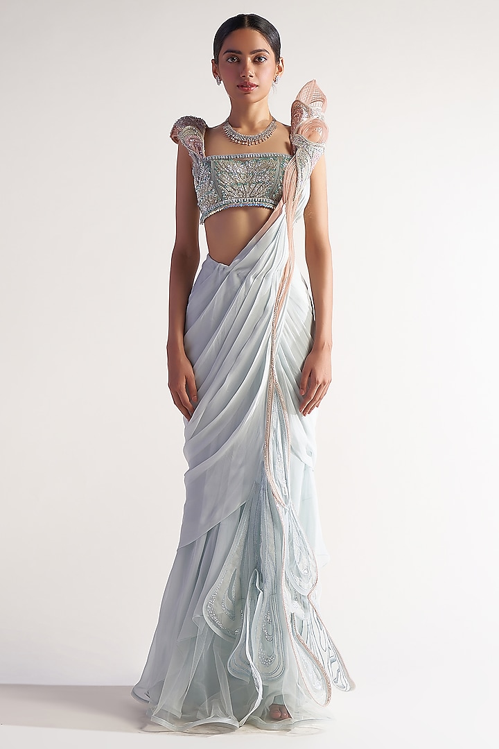 Ice Blue Net & Georgette Pre-Pleated Reception Saree Set by Sulakshana Monga at Pernia's Pop Up Shop