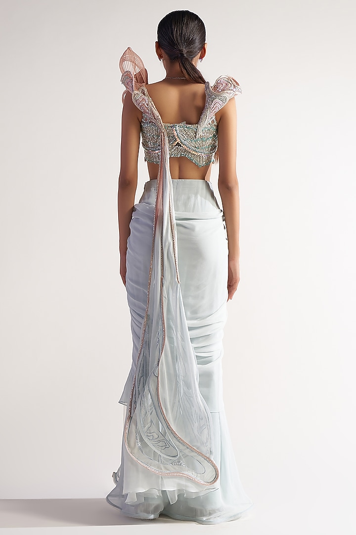 Ice Blue Net & Georgette Pre-Pleated Reception Saree Set by Sulakshana Monga at Pernia's Pop Up Shop