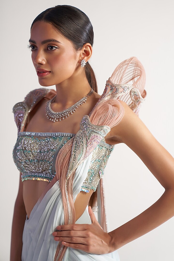 Ice Blue Net & Georgette Pre-Pleated Reception Saree Set by Sulakshana Monga at Pernia's Pop Up Shop