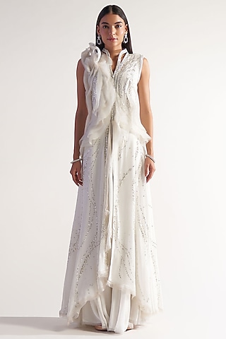 Ivory Net & Georgette Embellished Jacket Set by Sulakshana Monga