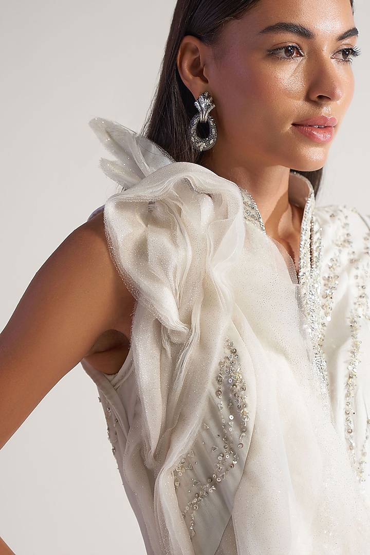Ivory Net & Georgette Embellished Jacket Set by Sulakshana Monga at Pernia's Pop Up Shop