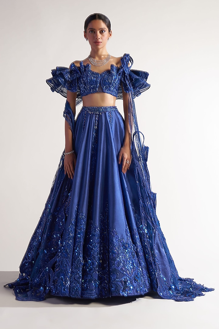 Midnight Blue Net & Assam Silk Embellished Lehenga Set by Sulakshana Monga