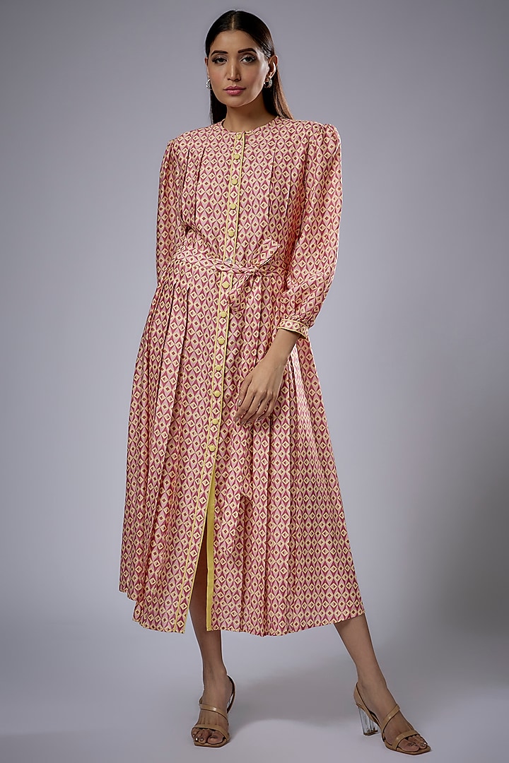 Pink Cupro Satin Printed Dress by Sulakshana Monga
